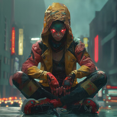 A futuristic, cyberpunk-inspired character seated in a neon-lit urban environment, wearing a yellow hooded jacket with colorful patterns - AI Generated Digital Art