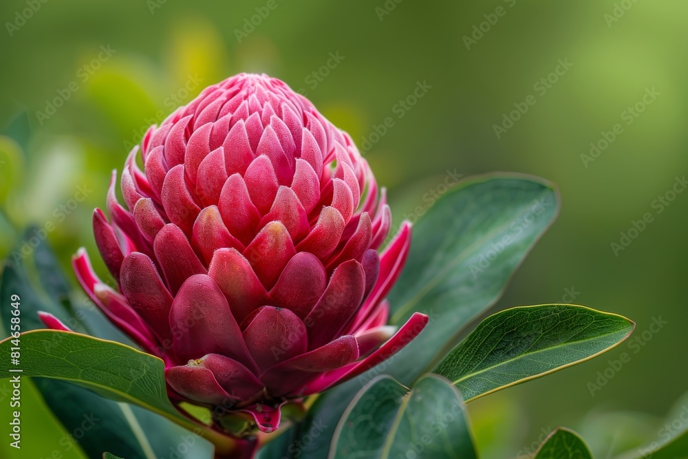 Poster a red flower with a green stem. the flower is in the middle of the image and is surrounded by green 