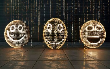 Three illuminated digital smiley faces composed of binary code (ones and zeros) set against a dark, tech-inspired background - AI Generated Digital Art