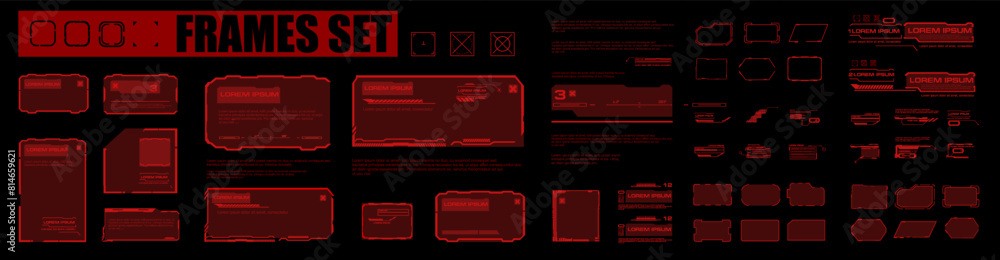 Poster big set red frames with complex elements and text. graphical dialog boxes and frames for the user in