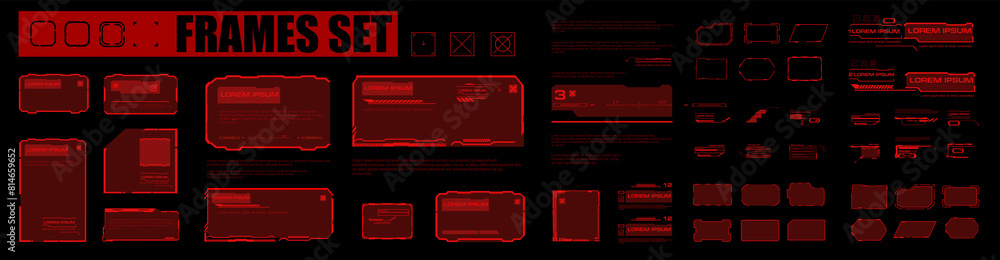 Aufkleber big set red frames with complex elements and text. graphical dialog boxes and frames for the user in