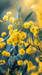 A bunch of yellow flowers with green leaves. The flowers are in full bloom and are scattered throughout the image. Scene is bright and cheerful, as the yellow flowers bring a sense of warmth