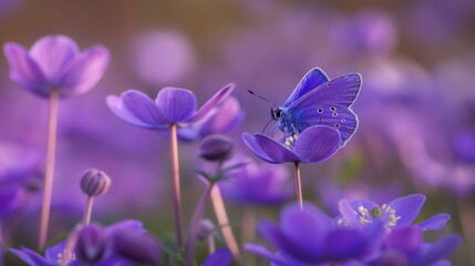 Beautiful purple blue butterfly on an anemone forest flower in spring nature
