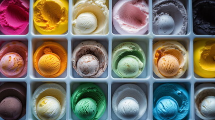 Top view of delicious ice cream in different colors and flavors, Ice cream showcase, colorful and appetizing ice creams arranged in a display case