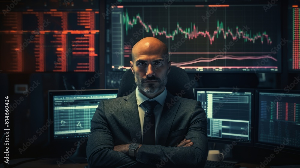 Poster generative ai portrait of a stockbroker at a trading desk, making trades, using multiple monitors an
