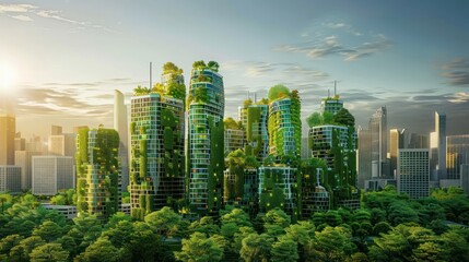 A futuristic eco-friendly city skyline with green buildings, renewable energy installations, and lush greenery, symbolizing innovative urban planning for sustainability.
