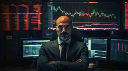 Generative AI Portrait of a stockbroker at a trading desk, making trades, using multiple monitors and financial tools