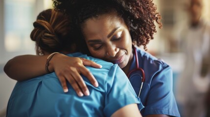 Two nurses hug each other in a hospital setting. Scene is one of comfort and support