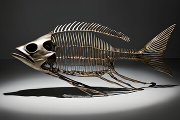 Metallic fish skeleton figurine. Digital illustration.