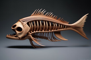 Wooden fish skeleton figurine. Digital illustration.