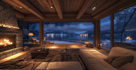 Naklejka premium Large living room in a wooden house directly on the lake. the lake through the patio door. There are stars in the dark blue night sky. Inside it is warm from the burning fireplace. Generative AI.