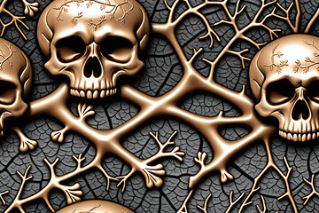 Skulls intertwined with tree branches. Seamless pattern. Digital illustration.