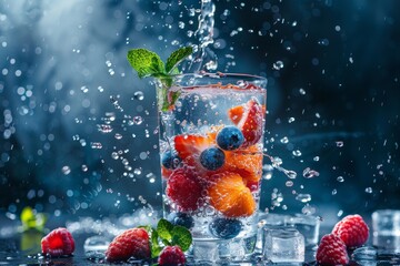 A glass of fruit juice with ice cubes and raspberries