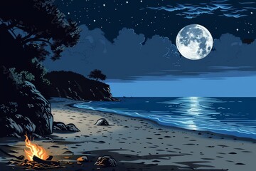 A painting depicting a beach scene at night with a campfire burning and the moon shining in the sky