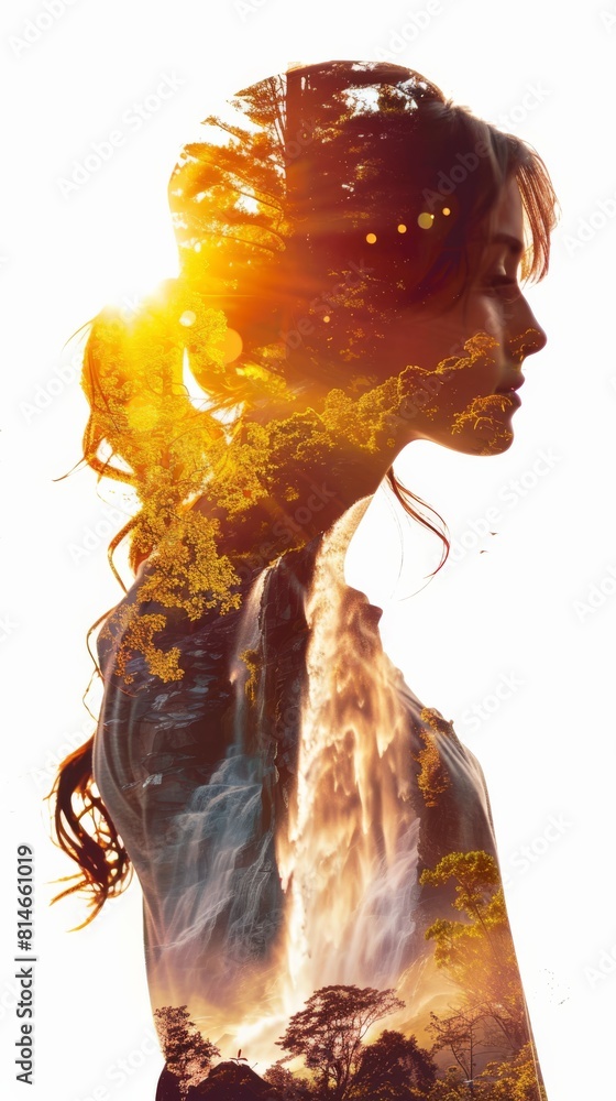 Poster a woman is standing in front of a powerful waterfall, looking towards the cascading water. the flowi