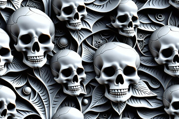 Stone Skulls and flowers. Seamless pattern. Digital illustration.