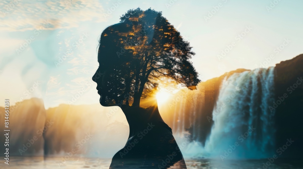 Poster a woman's face is shown in a tree form, with a waterfall in the background. concept of serenity and 