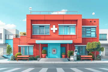 Illustration of a small, one-story medical clinic. Generative ai.