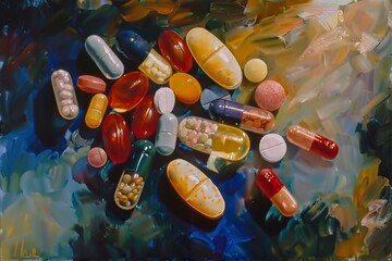 Pills and Capsules Painting on Blue Background. Generative AI