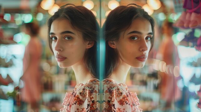 A woman is standing in front of a mirror, looking at her reflection. She appears focused and contemplative as she assesses her appearance.