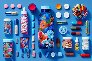 Assorted Pills and Bottles on Blue Background. Generative AI