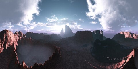 Volcano, volcanic landscape, beautiful sky over a formidable mountain landscape, 3D rendering