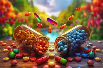 Two Bottles of Pills With Colorful Pills Spilling Out. Generative AI