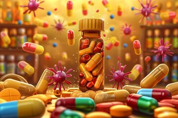 Bottle of Pills Surrounded by Colorful Pills. Generative AI
