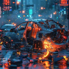 High Tech Autonomous Vehicle Crash in Dystopian Cityscape