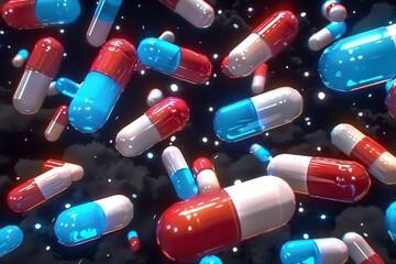 Floating Red, Blue, and White Pills. Generative AI