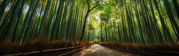A narrow path meanders through a dense bamboo forest, with tall green bamboo stalks lining the way. Sunlight filters through the canopy above, casting dappled light on the ground.
