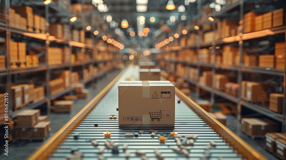 Poster Logistics center or warehouse, concept of global distribution and supply chain management. The foreground features miniature transporting cargo boxes along a conveyor system. Generative AI.