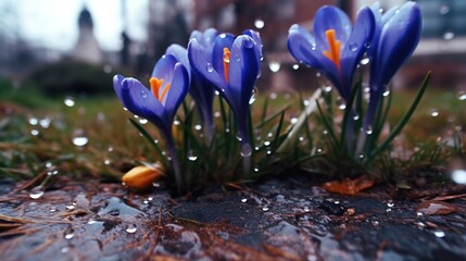 Spring flowers of blue crocuses in drops of water on the background of tracks of rain drops...
