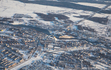 Aerial winter view of the border area between Estonia and Russia.