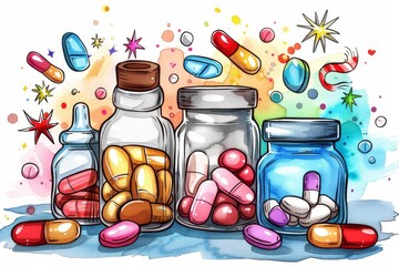 Colorful Pills in Jars on a White Background. Generative AI