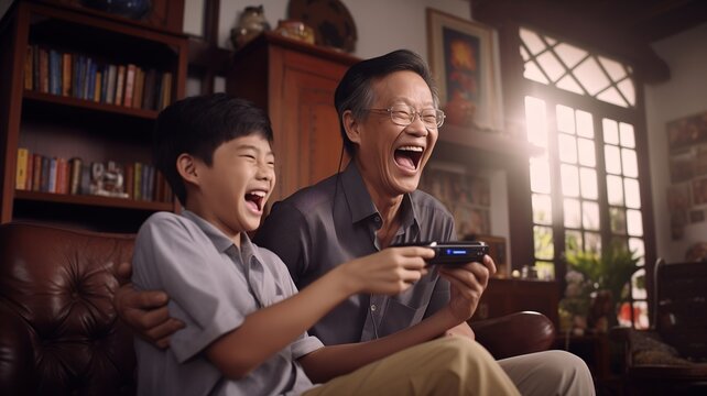 A grandfather and grandson laugh together while playing video games on a cozy afternoon; perfect for family-focused themes or intergenerational bonding.