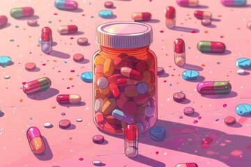 Bottle Filled With Pills on Pink Background. Generative AI
