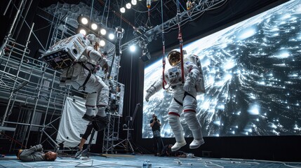 Behind the Scenes of a Virtual Reality Film - Film crew working with stunt women Caucasian female astronaut in a space suit hanging on wires against a large LED screen.
