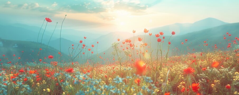 Sunlit mountain pass close up, focus on the pathways, copy space, ensure colorful hues, Double exposure silhouette with wildflowers