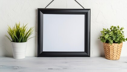 black picture frame hanging on a white wall