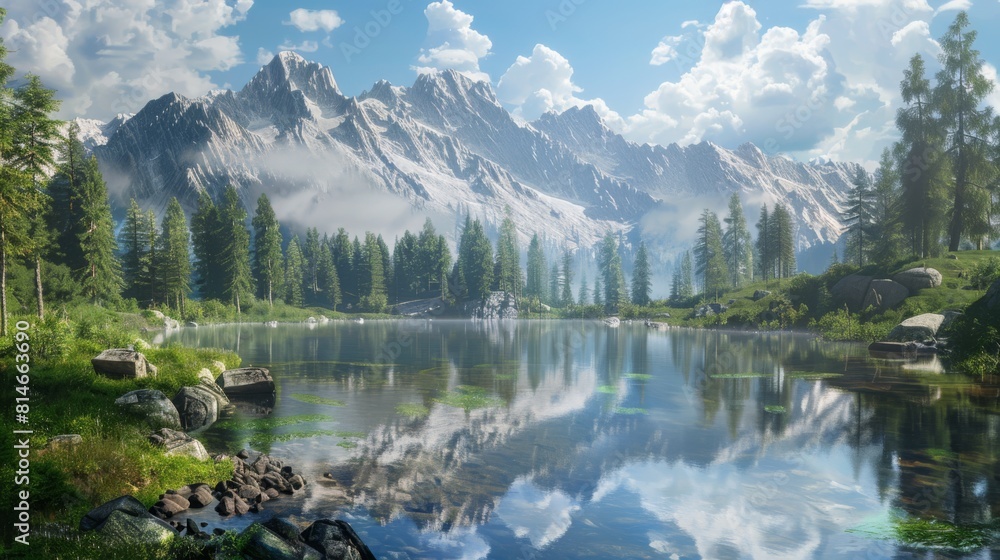 Aufkleber a beautiful mountain lake with a reflection of the mountains in the water. the scene is peaceful and