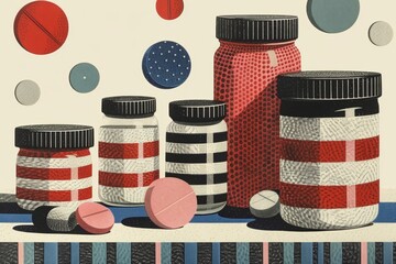 Drawing of Pills and Bottles on Red, White, and Blue Background. Generative AI