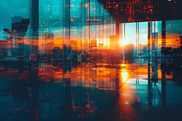 Stateoftheart office facilities, close up on hightech equipment, capture rich and striking color tones Double exposure silhouette with digital networks