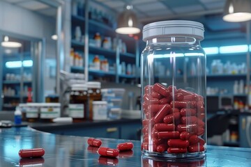 Glass Jar Filled With Red Pills in Pharmacy. Generative AI