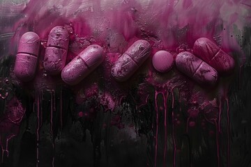 Pink Pills on Black Background. Generative AI