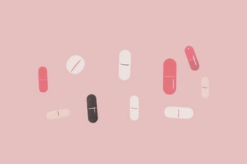 Pink Background With Numerous Pills. Generative AI