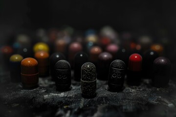 Group of Pills in Dark Room. Generative AI