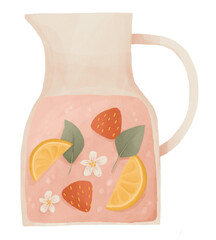 Summer cold strawberry orange lemonade in a glass jar. Homemade fruit cold drink for hot day. Hand drawn illustration on transparent background, png clip art