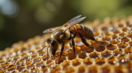 Close up view of the working bees on honey cells, Generative.AI
