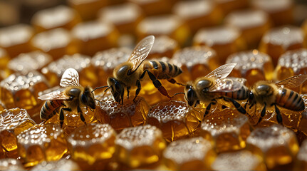 Close up view of the working bees on honey cells, Generative.AI
